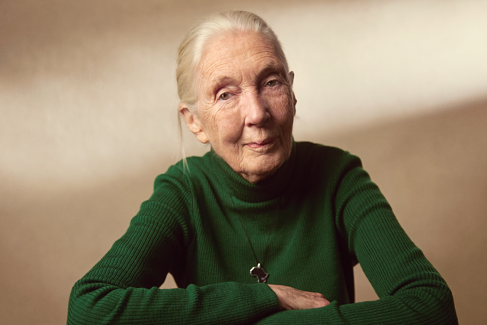 Dr. Jane Goodall poses for a portrait. Photographed by Katherine Holland in Toronto, Ontario, Canada on October 8th, 2024.